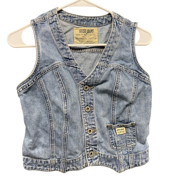 Guess Jeans Vest Womens Medium Blue Denim Button Front V Neck Cropped Cinch Back - Picture 1 of 9